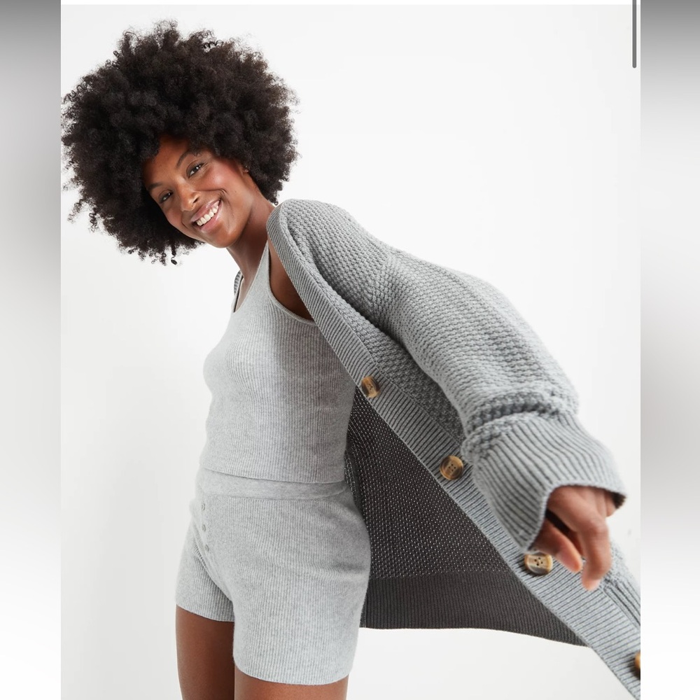 aerie Gray Textured Knit Button-Up Cardigan - Picture 3 of 8